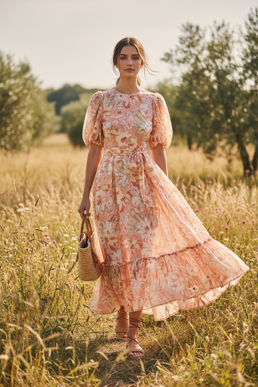 Female model walking outdoors wearing Aurora Summer Dress in Peach Floral