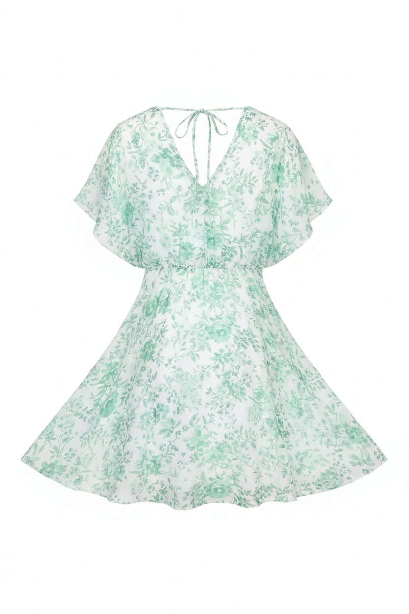 Aurora Summer Dress Mint Floral back view on white background