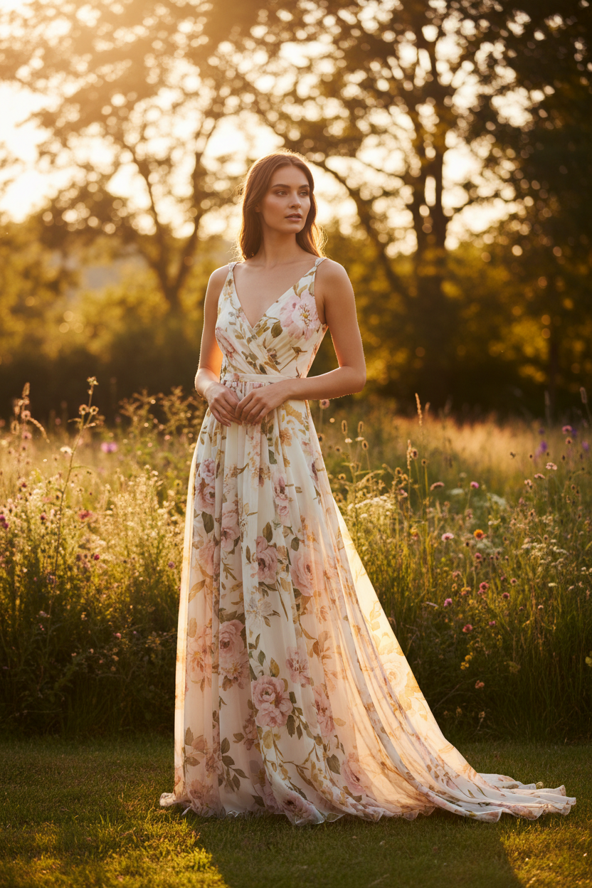 Ivory Floral – Female model posing in sunlight wearing Elara Floral Maxi Dress