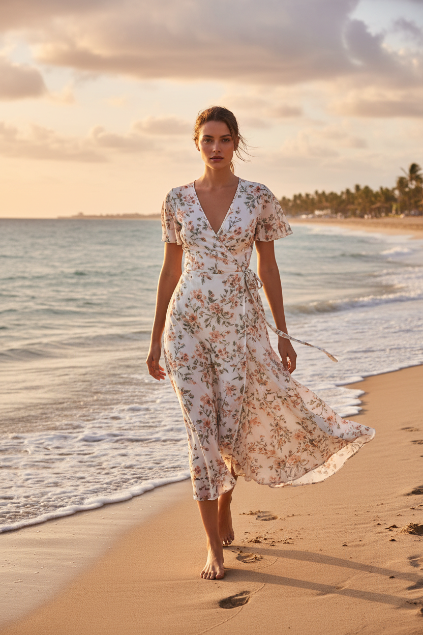 Ivory Floral - Female model walking on beach