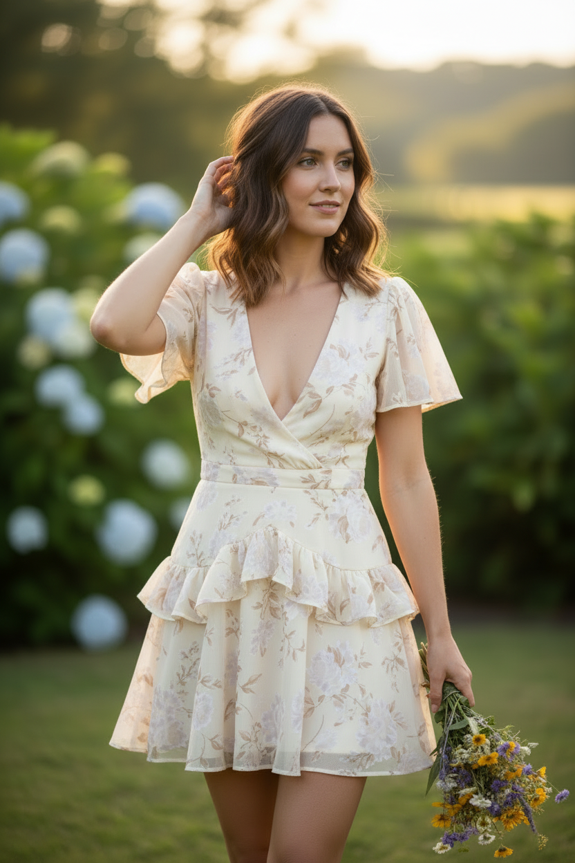 Ivory Floral – Female model posing naturally