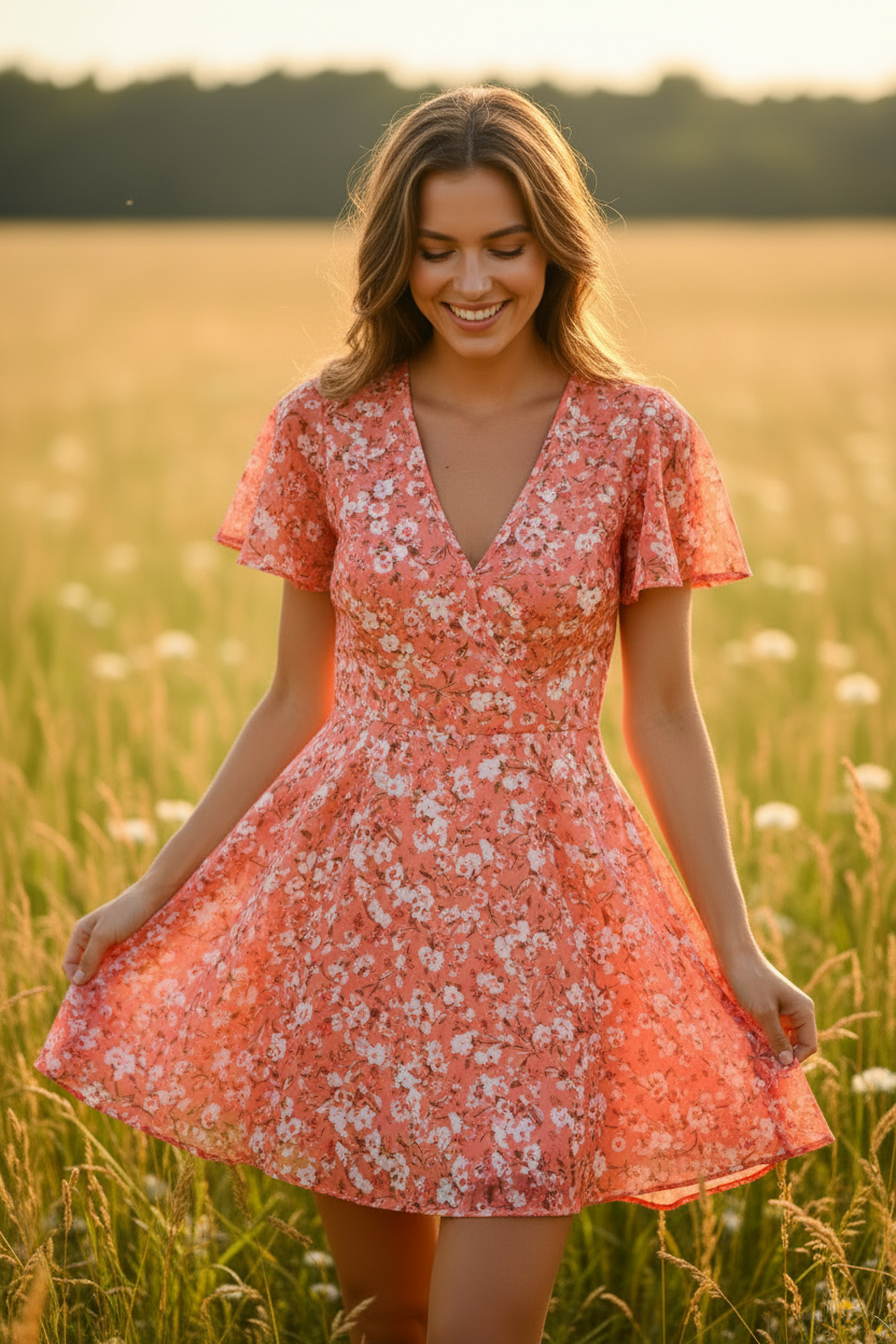 Coral Floral - Female model smiling in sunlight
