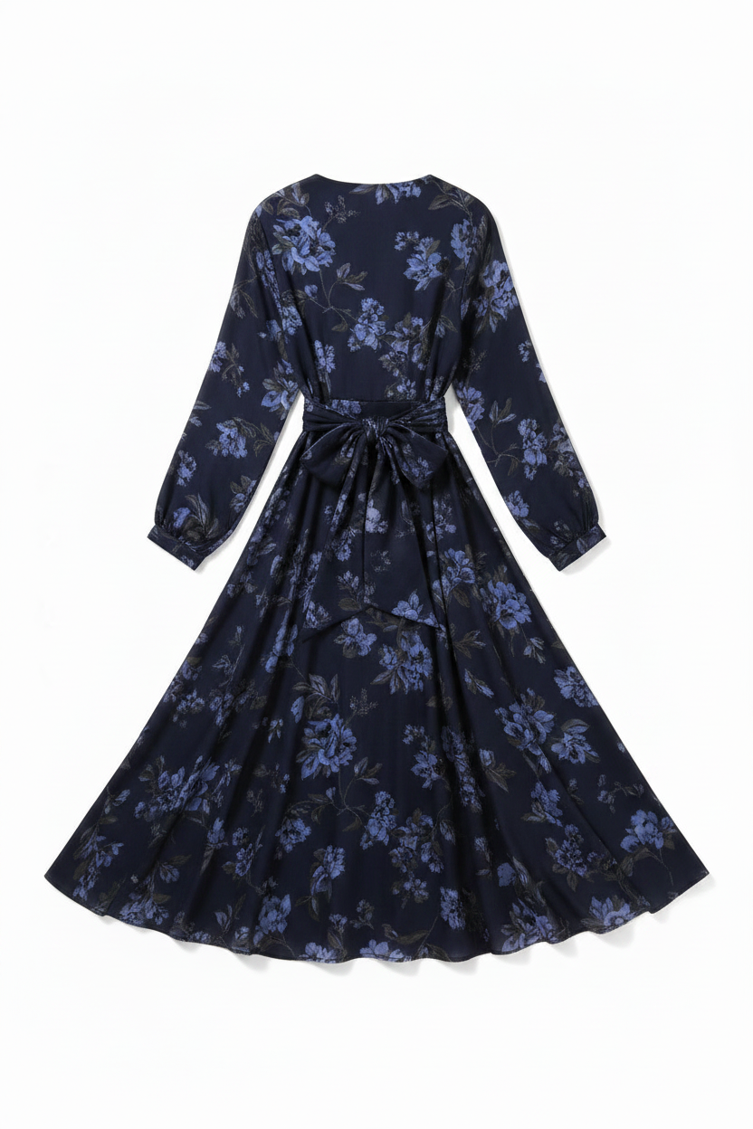 Celeste Evening Wrap Dress Midnight Floral back view on white background