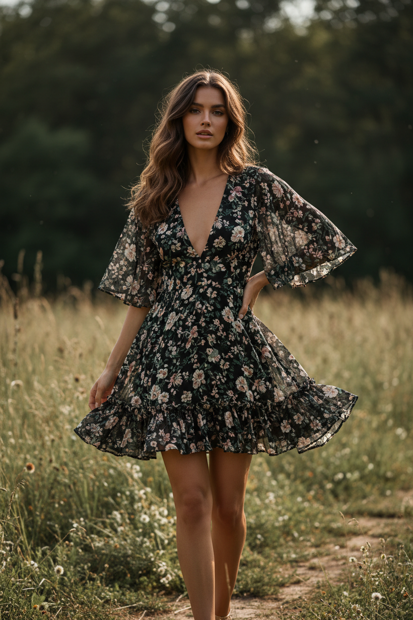 Black Floral – Female model standing outdoors wearing Luna Floral Mini Dress