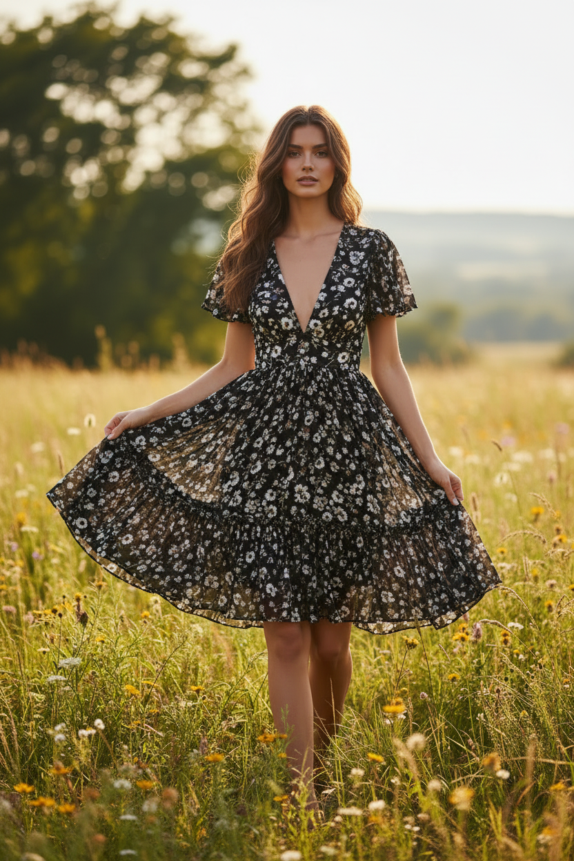 Luna Floral Mini Dress Black Floral - Model outdoors standing