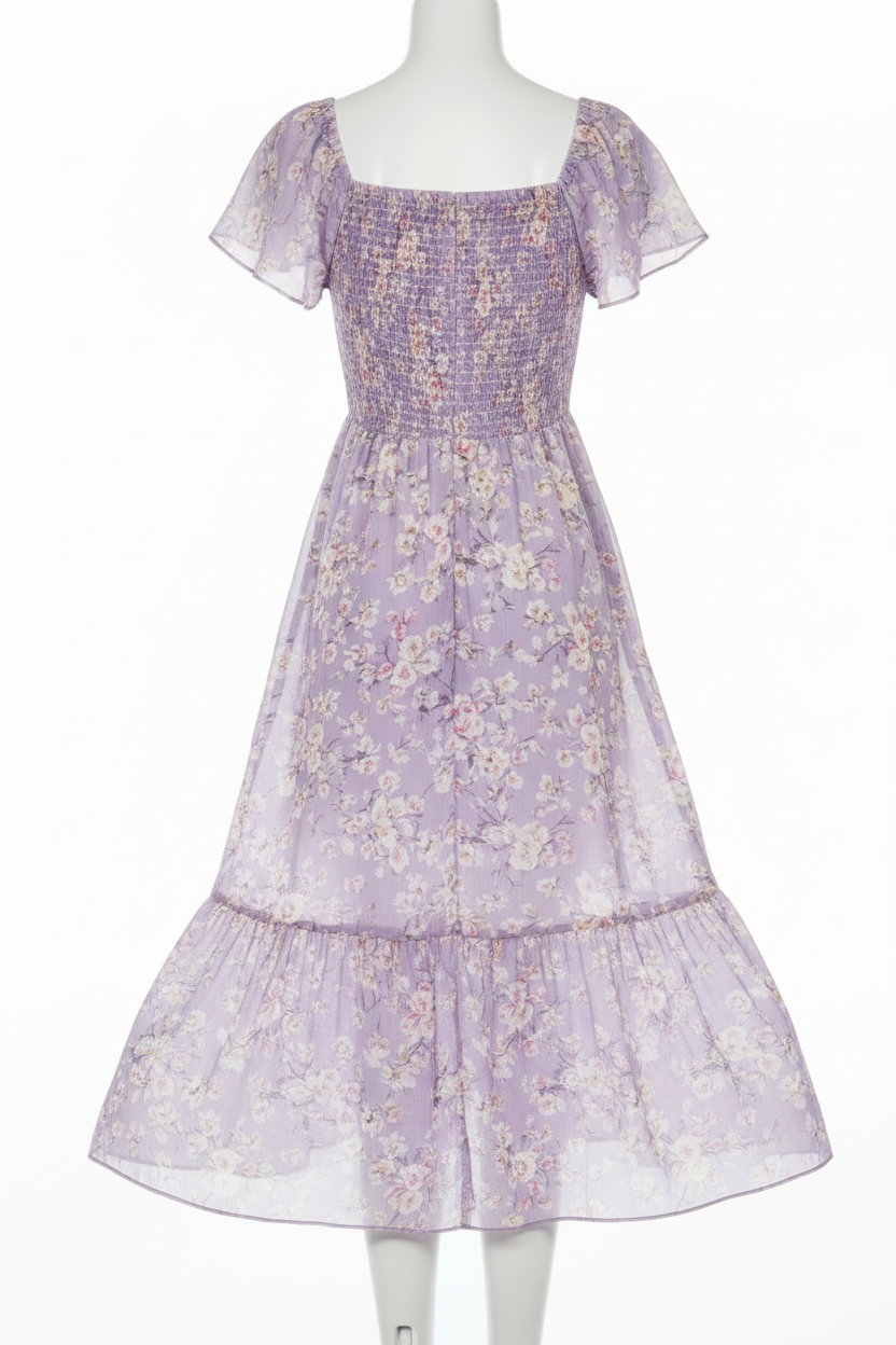 Elara Smocked Midi Dress Lavender Floral — back view white background