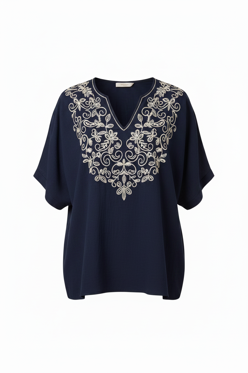 Navy Embroidered Top - Front view white background