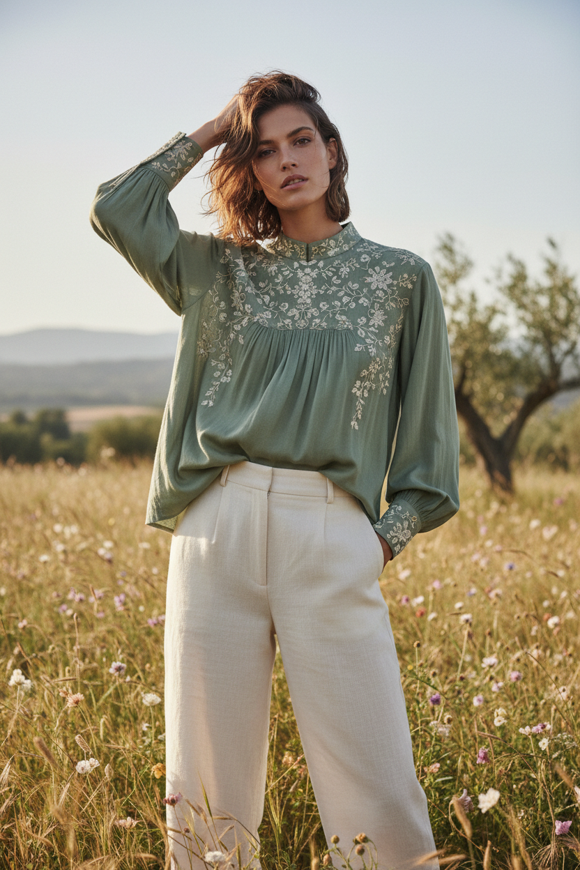 Sage Embroidered blouse – female model posing naturally