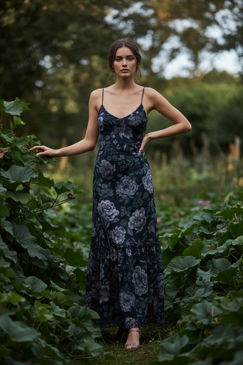 Luna Floral Slip Dress Midnight Floral – model standing outdoors