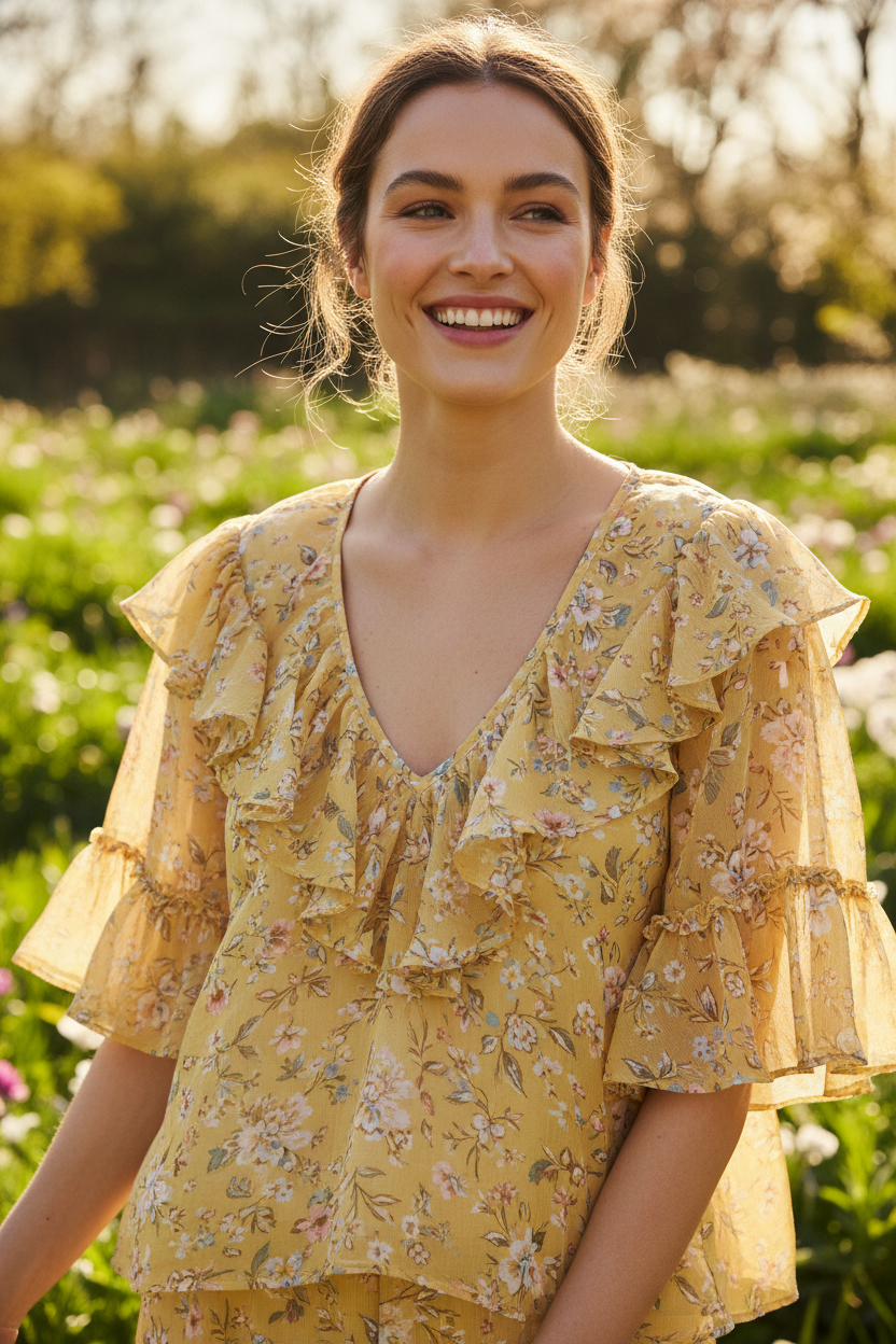 Butter Yellow Floral – Female model smiling naturally