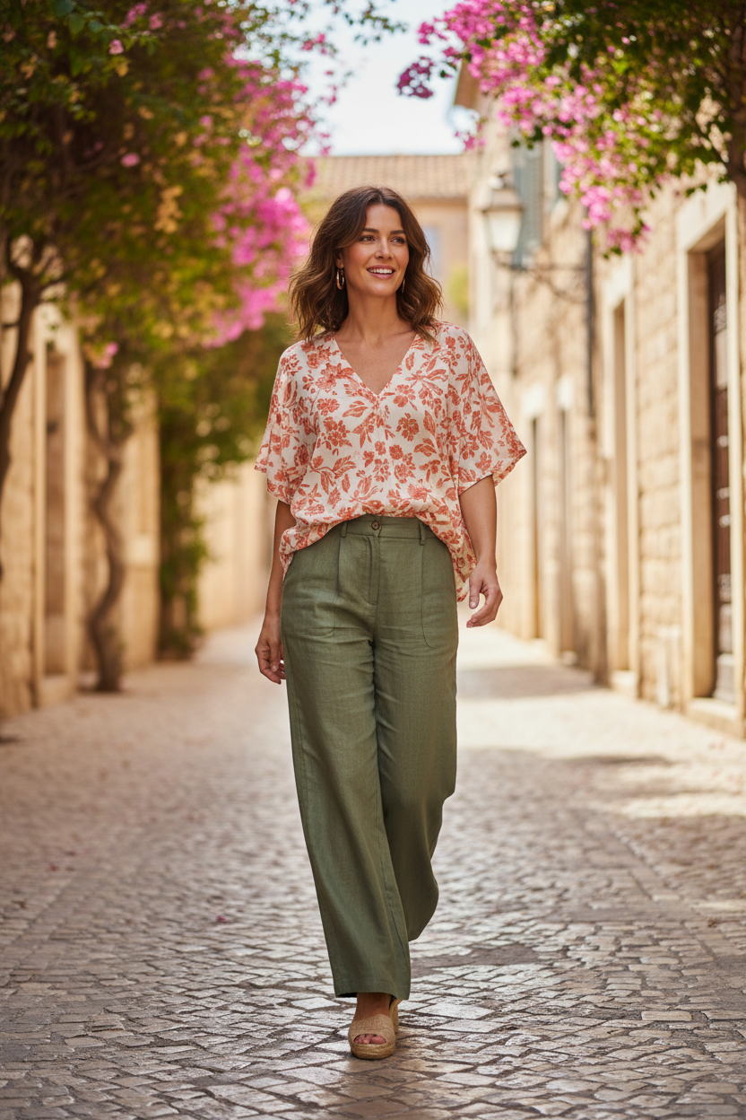 Coral Floral – Female model walking outdoors
