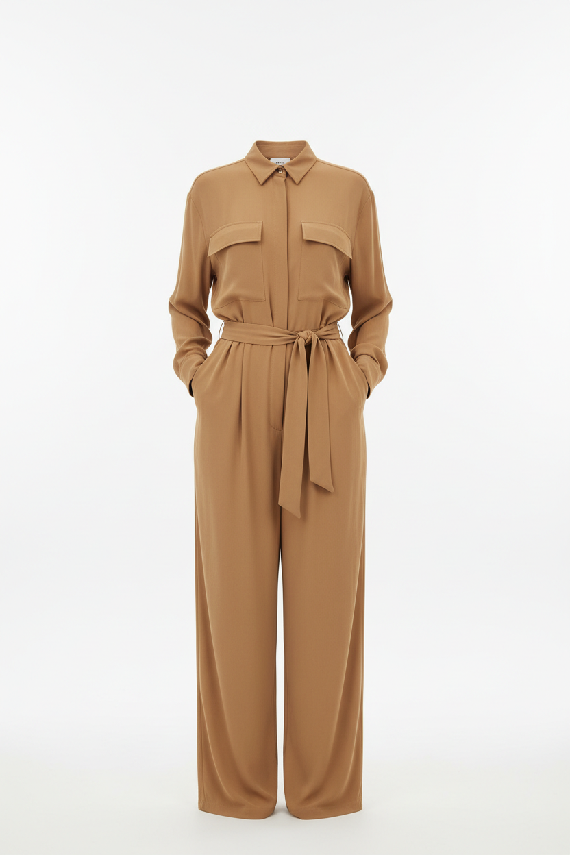 Camel belted playsuit - front view white background