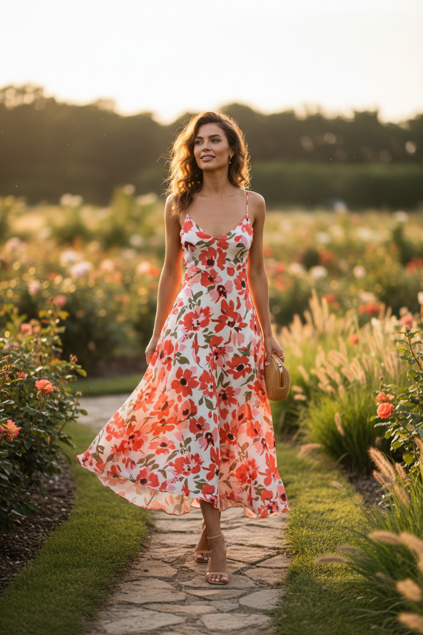 Celeste Evening Slip Dress - Coral Floral - Model Walking Outdoors