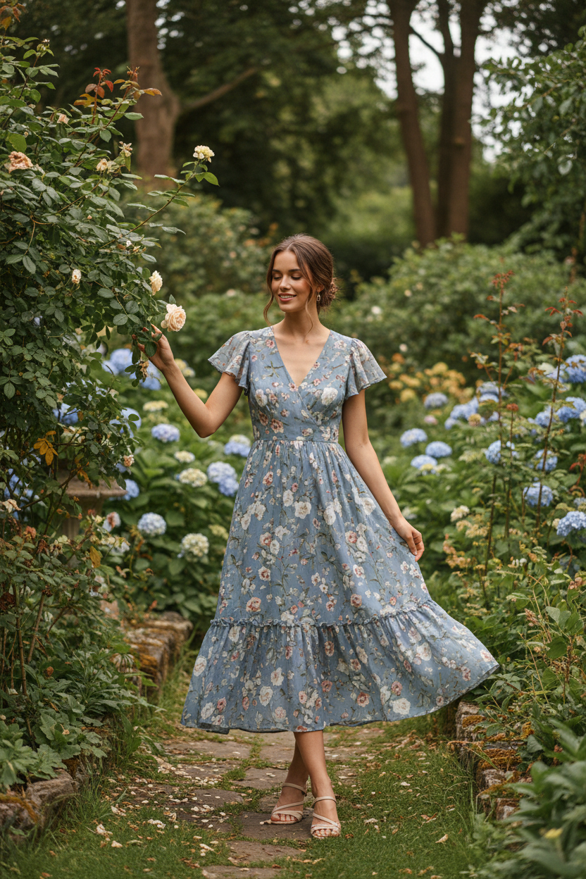 Dusty Blue Floral - Model in garden