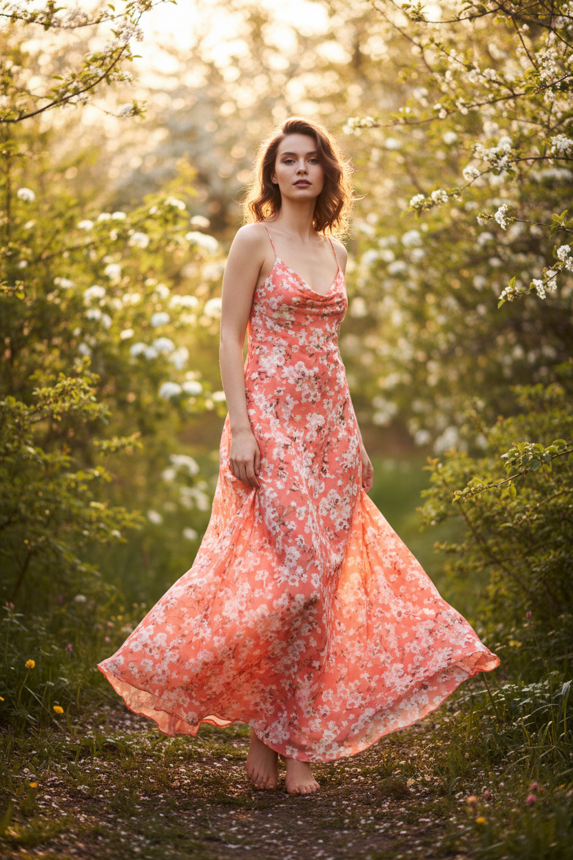 Celeste Evening Slip Dress - Coral Floral - Model Standing Outdoors
