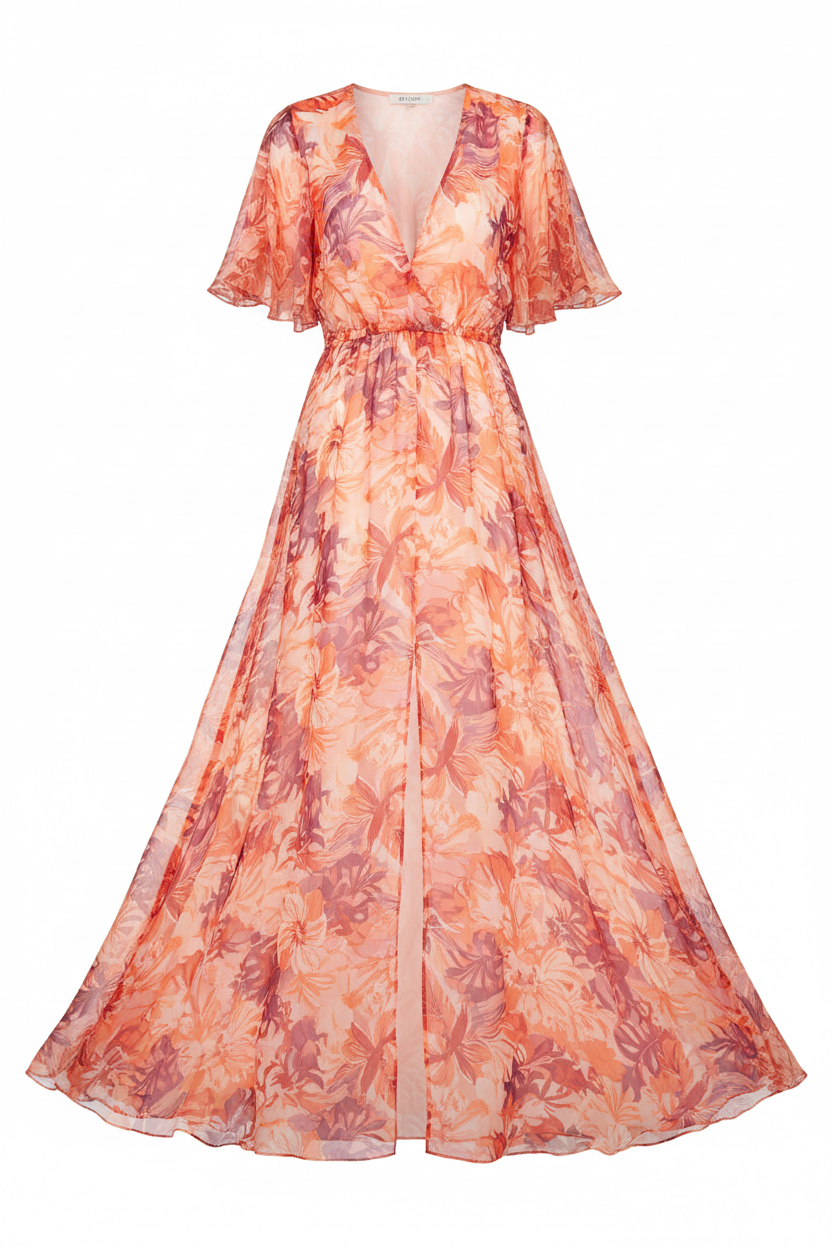 Stella Boho Maxi Dress Coral Floral – Front view white background