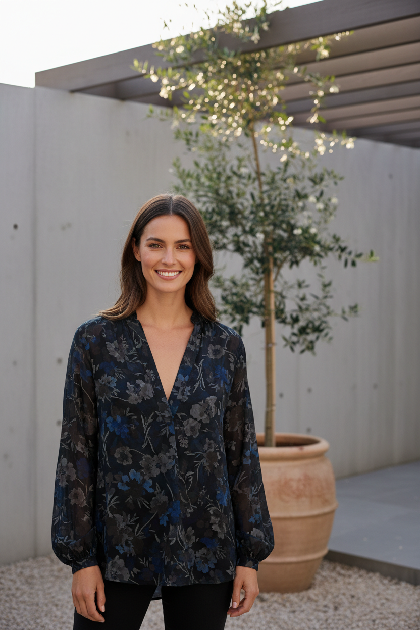 Midnight Floral blouse - female model smiling naturally