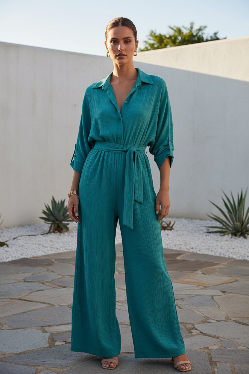 Teal belted playsuit - female model posing naturally