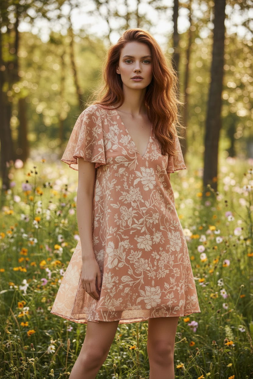 Coral Floral - Female model standing outdoors