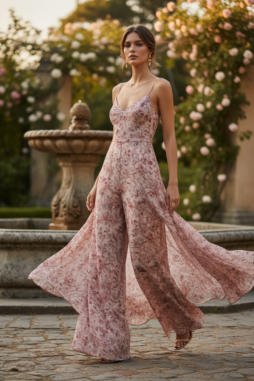 Dusty Rose Floral - Female model walking outdoors wearing Celeste Evening Jumpsuit