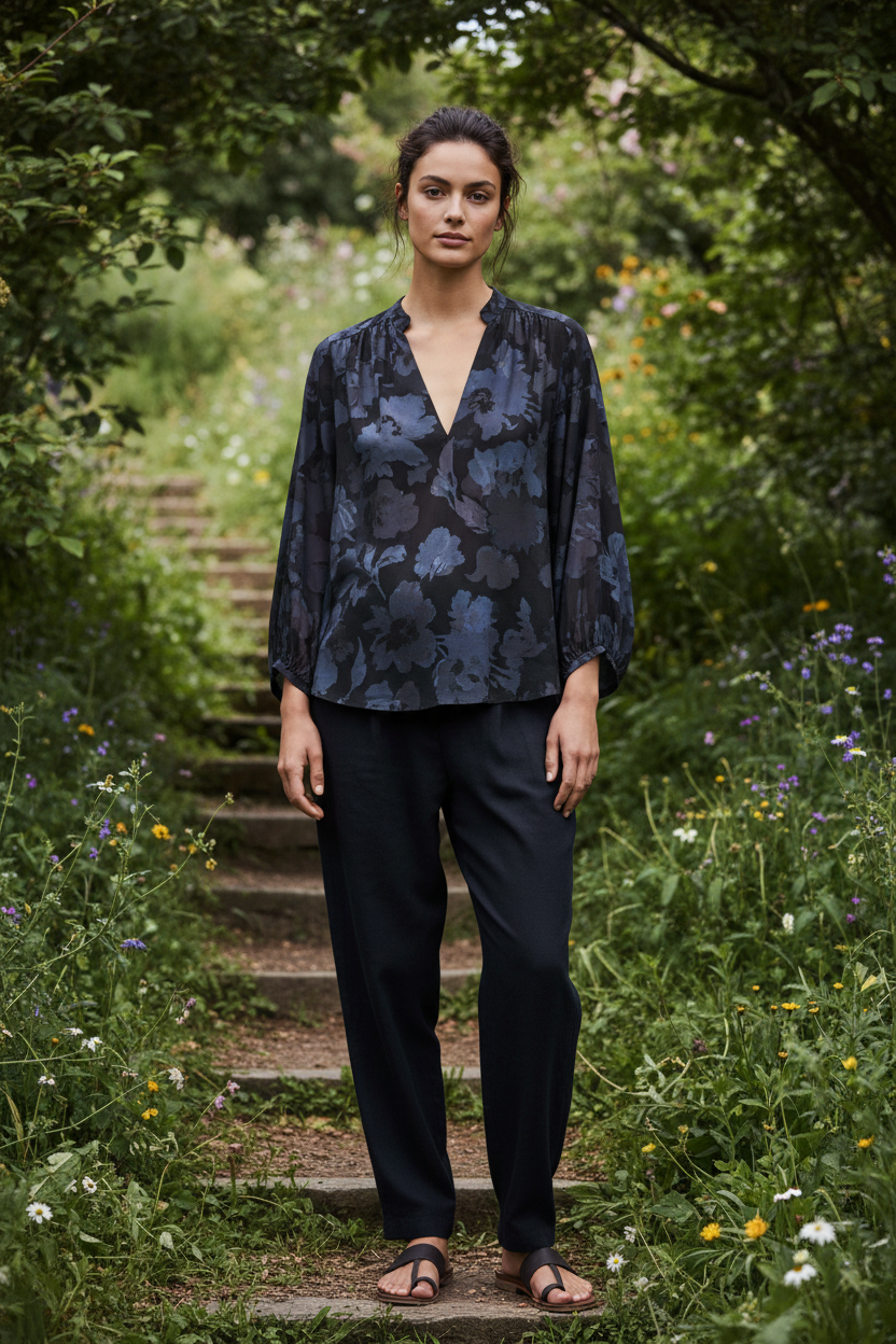 Female model standing outdoors wearing Aurora Floral Blouse in Midnight Floral