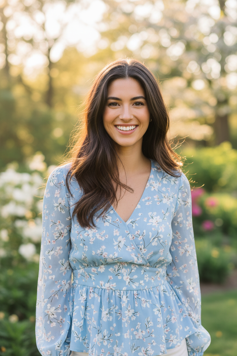 Sky Blue Floral — Female model smiling naturally