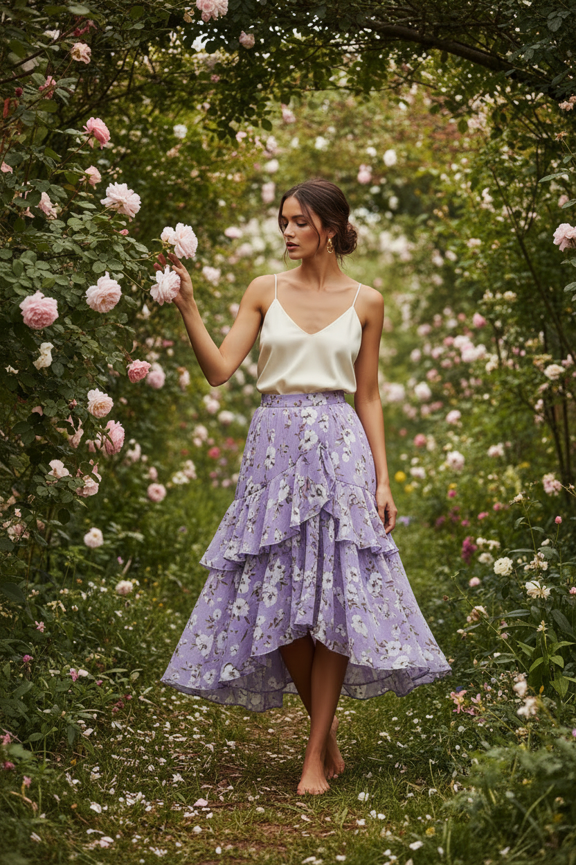 Female model standing in garden wearing Stella Garden Midi Skirt in Lavender Floral