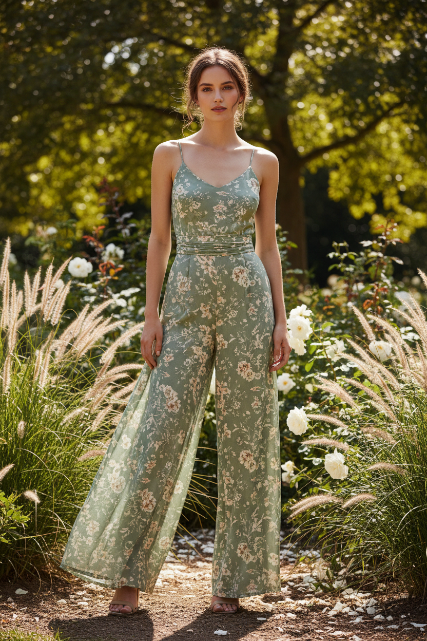 Sage Floral jumpsuit - female model standing outdoors