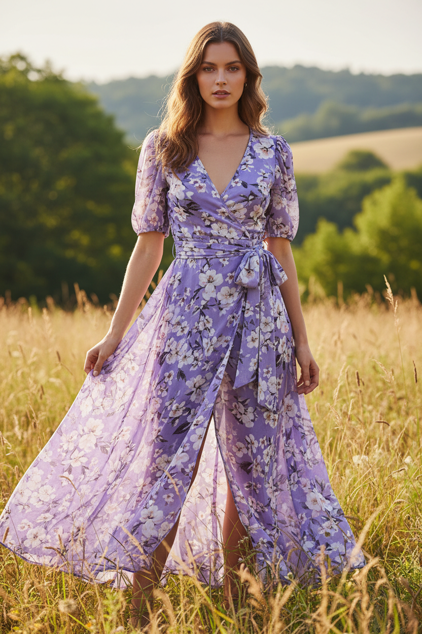 Lavender Floral – Female model standing outdoors wearing floral wrap top
