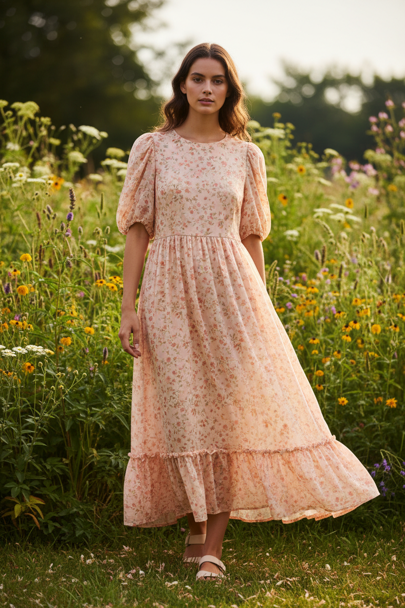 Female model standing outdoors wearing Aurora Summer Dress in Peach Floral