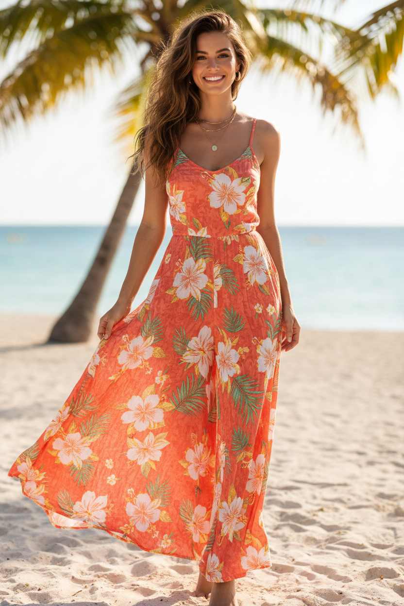 Coral Floral – Female model smiling in sunlight
