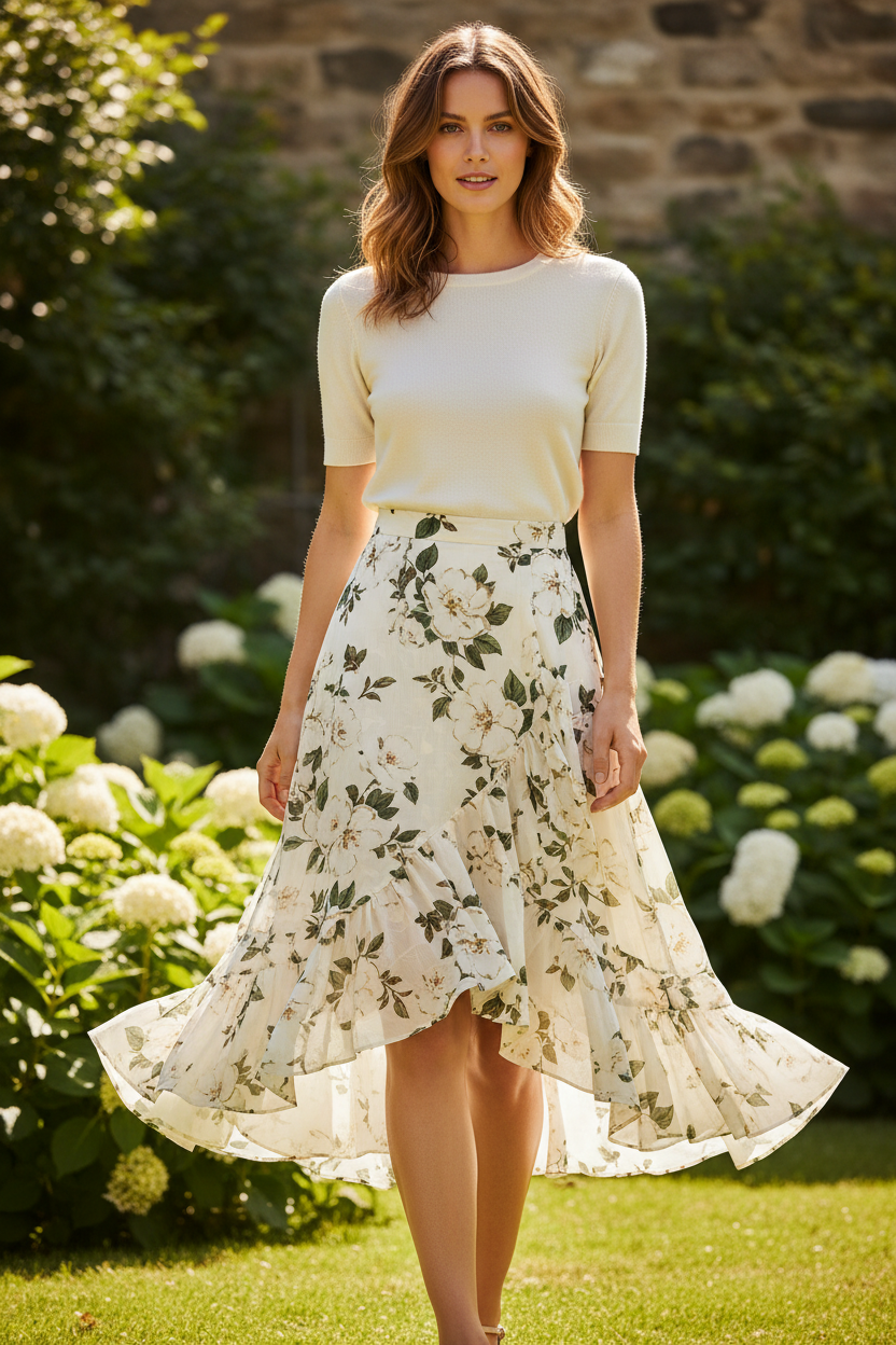 Ivory Floral - Female model standing outdoors wearing Luna Floral Midi Skirt