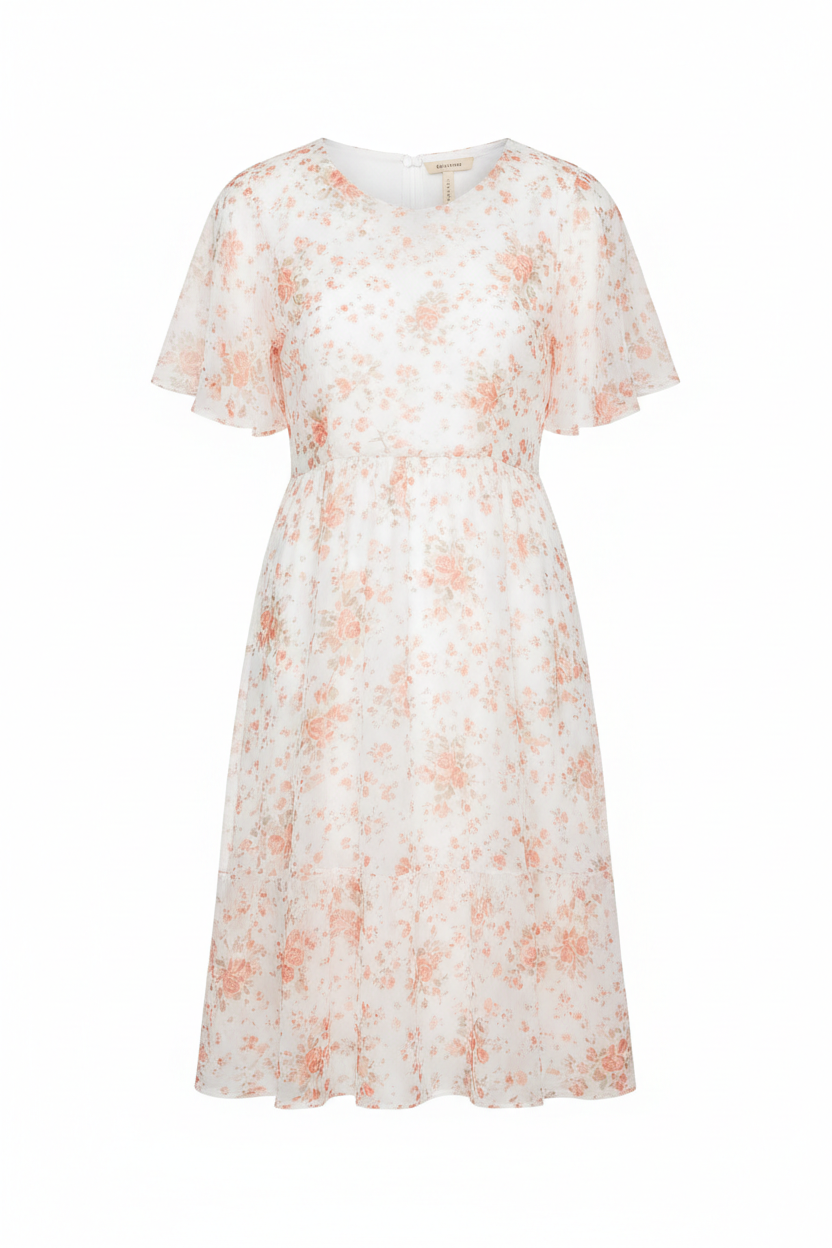 Aurora Summer Dress Peach Floral front view on white background