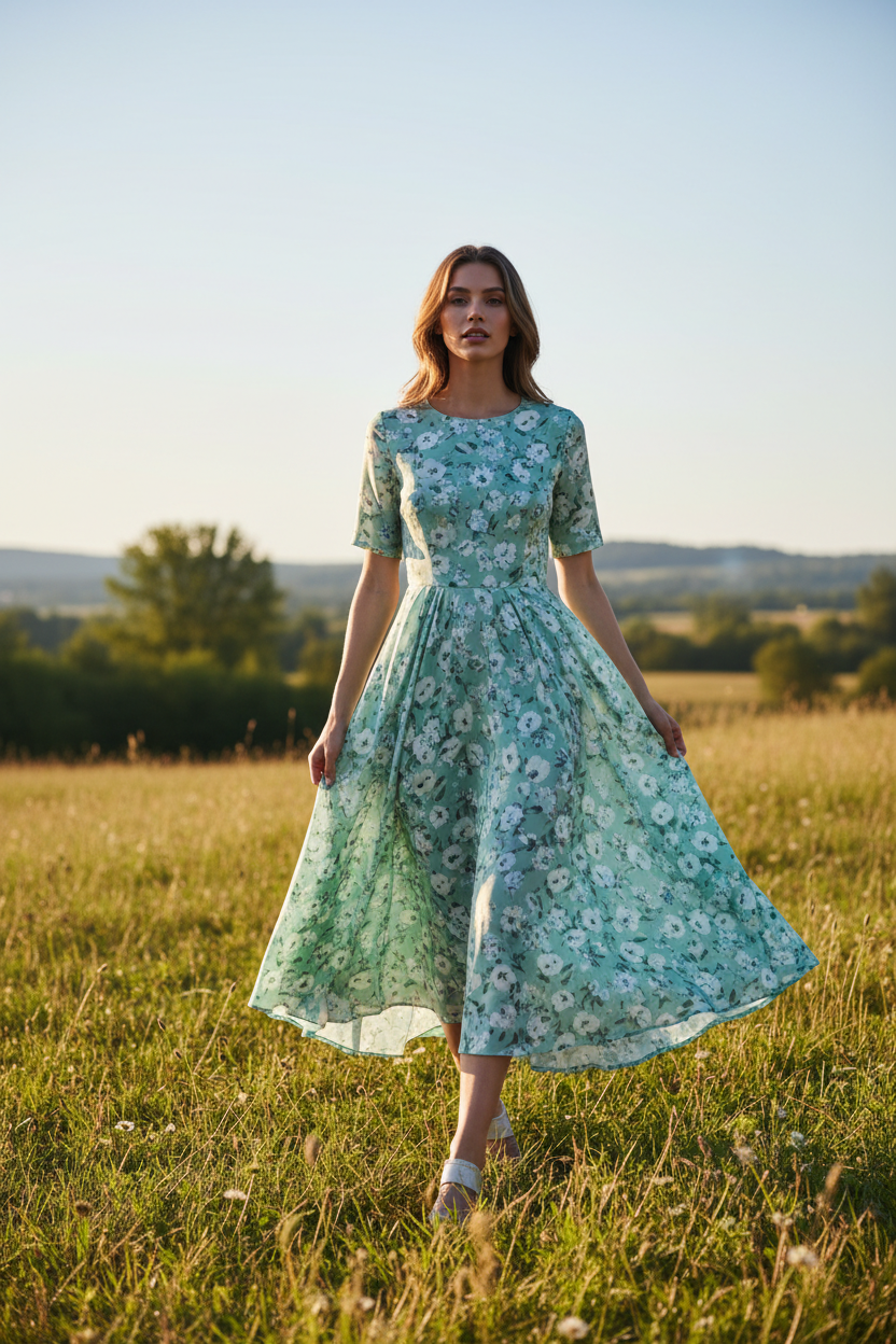 Female model walking outdoors wearing Aurora Summer Dress in Mint Floral
