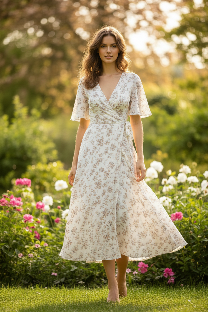 Ivory Floral - Female model standing outdoors