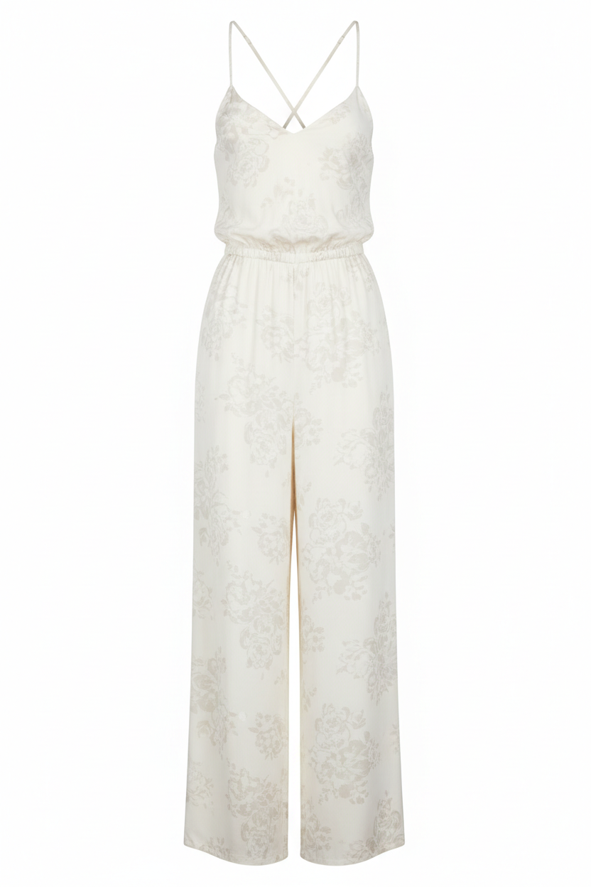 Ivory Floral jumpsuit - front view white background