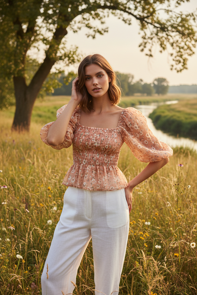 Peach Floral – Female model standing outdoors wearing smocked top