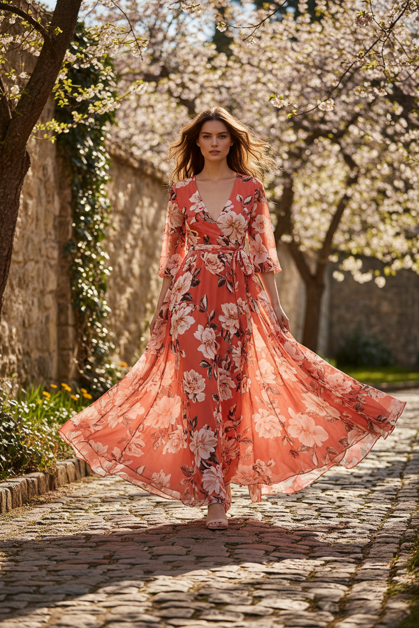 Female model walking outdoors wearing Celeste Evening Wrap Dress in Coral Floral
