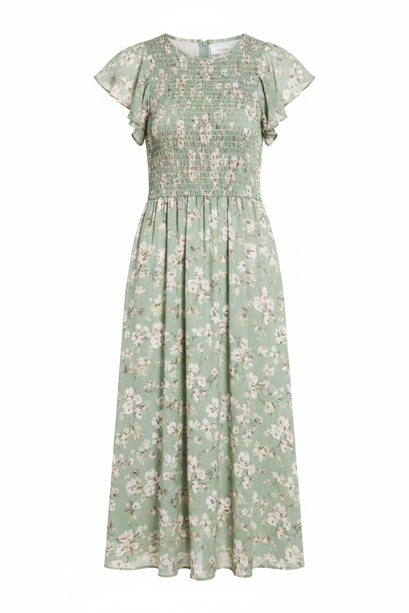 Elara Smocked Midi Dress Sage Floral — front view white background