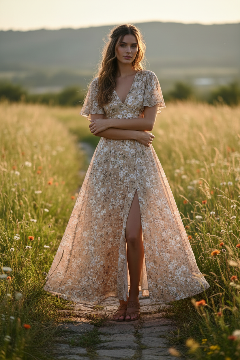 Stella Boho Maxi Dress Beige Floral – Model posing naturally
