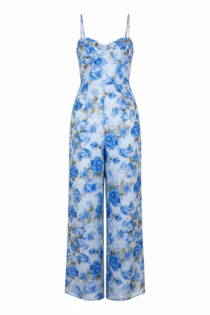Sky Blue Floral Jumpsuit – Front view white background