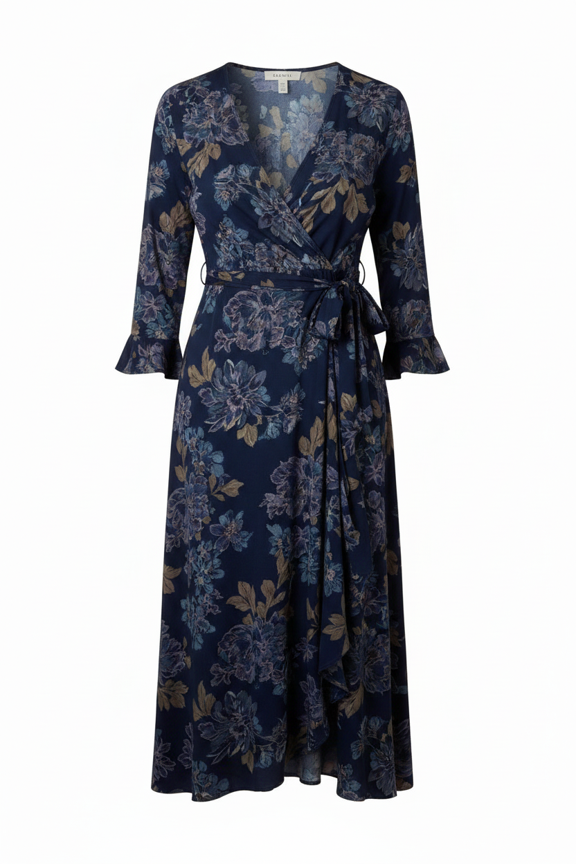 Celeste Evening Wrap Dress Midnight Floral front view on white background