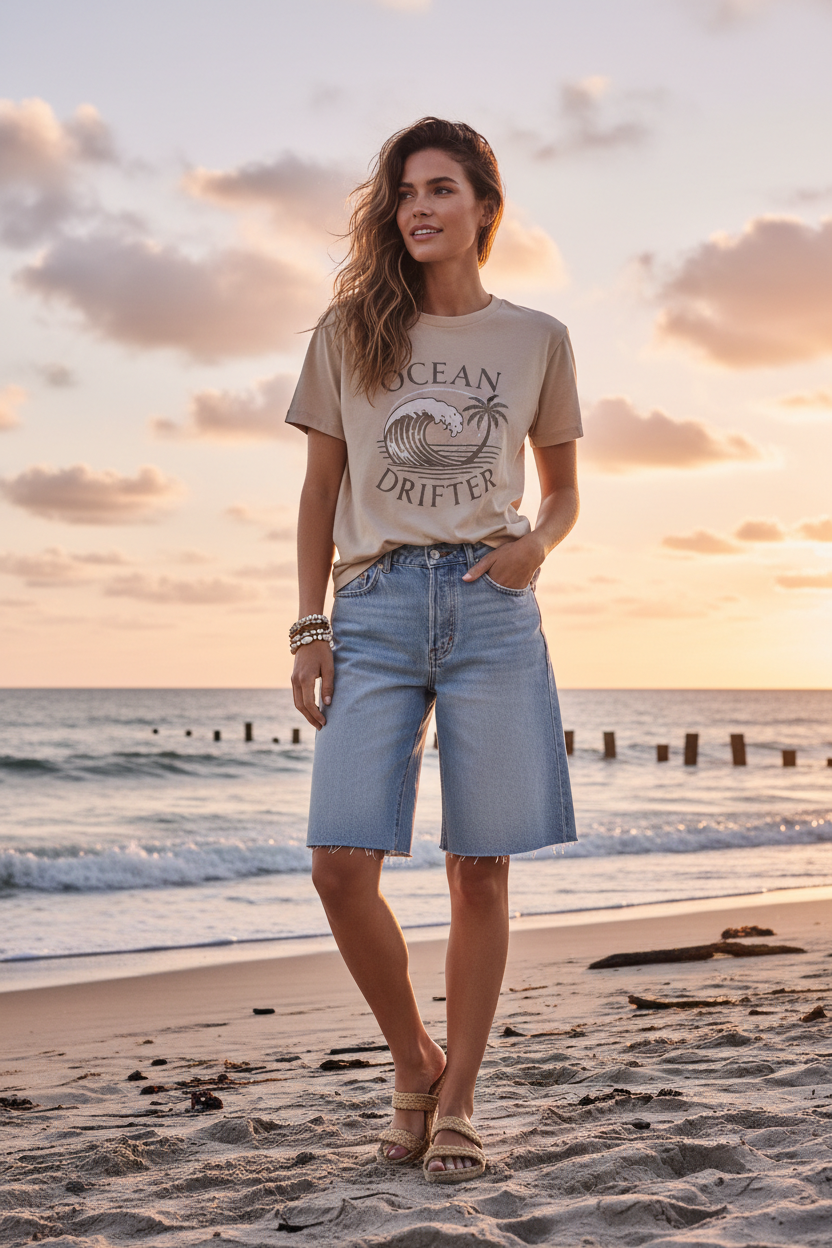 Beige Graphic – Female model standing outdoors