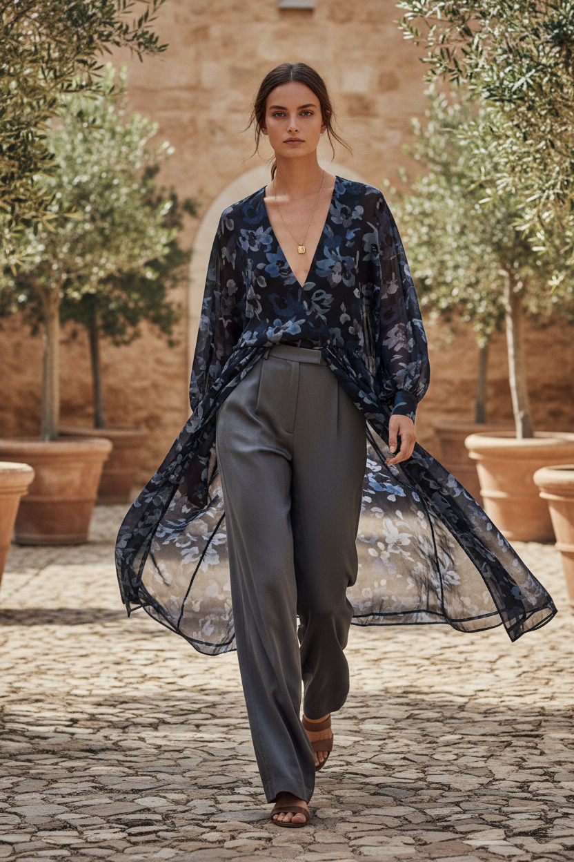 Midnight Floral blouse - female model walking outdoors