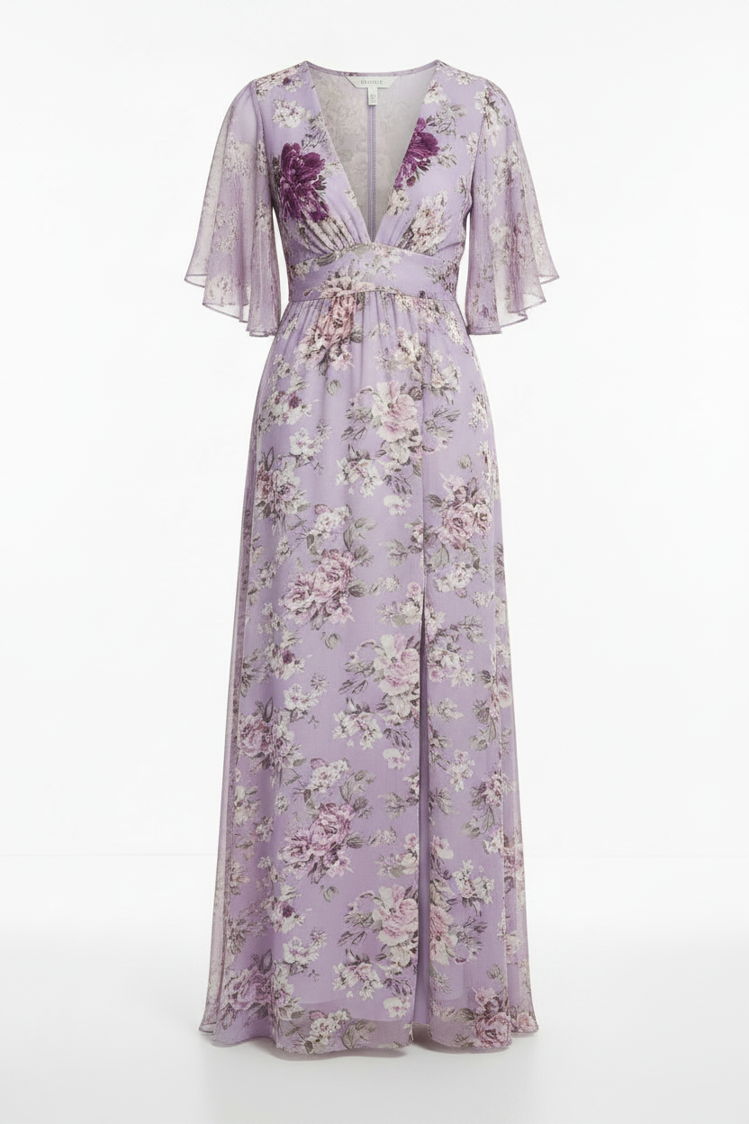 Isabella Floral Maxi Dress Lavender – Front view white background