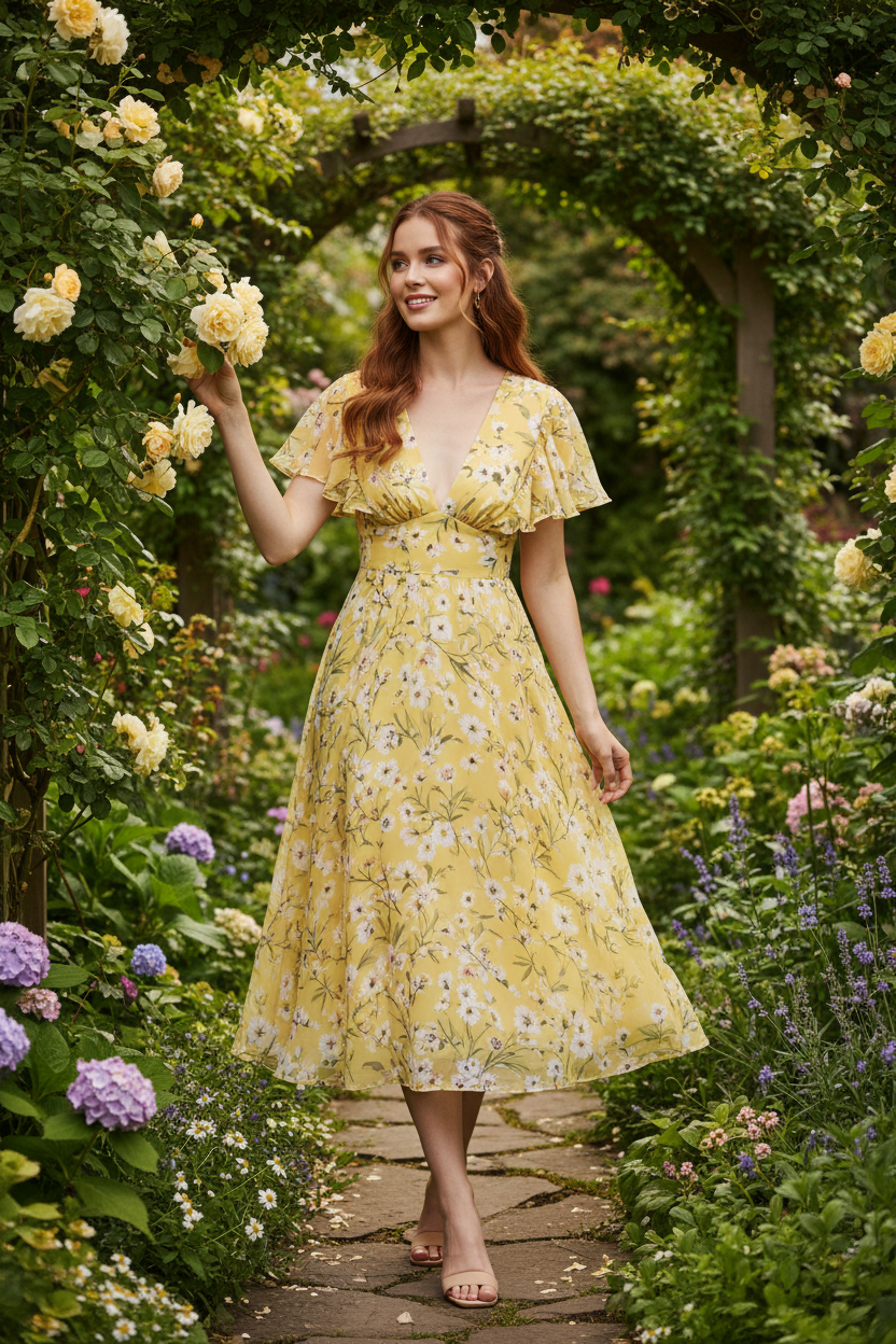 Butter Yellow Floral – Female model standing in garden wearing Aurora Garden Midi Dress