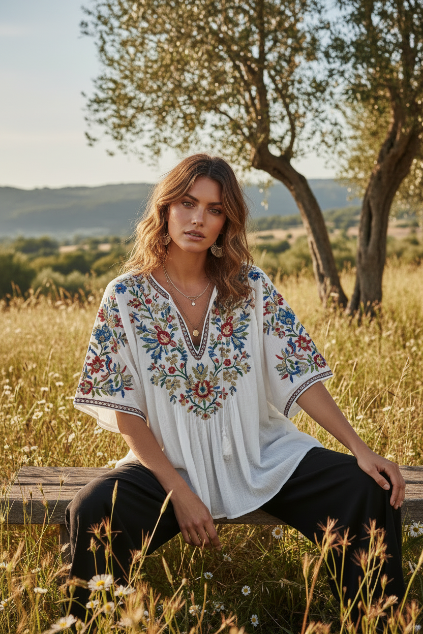 White Embroidered – Female model sitting outdoors wearing boho top
