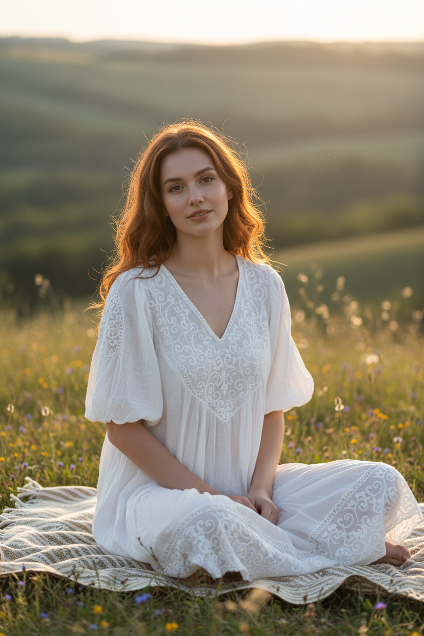 White Embroidered Top - Female model sitting outdoors