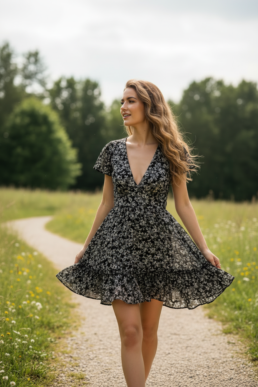 Luna Floral Mini Dress Black Floral - Model outdoors walking