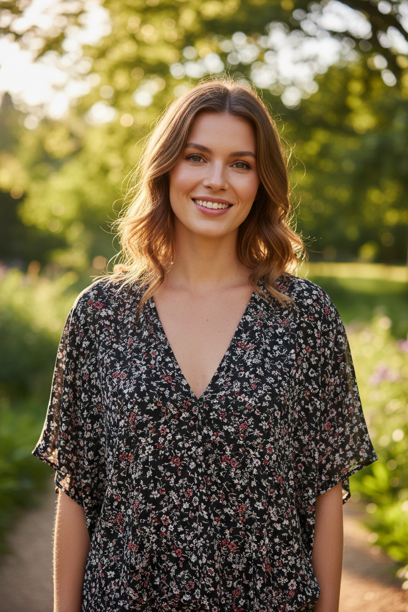 Black Floral – Female model smiling naturally